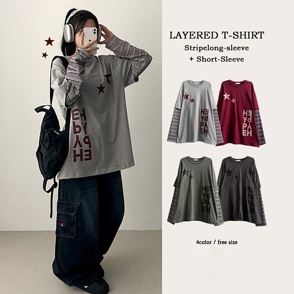 レイヤード風オーバーサイズボーダープリントTシャツ | レディース