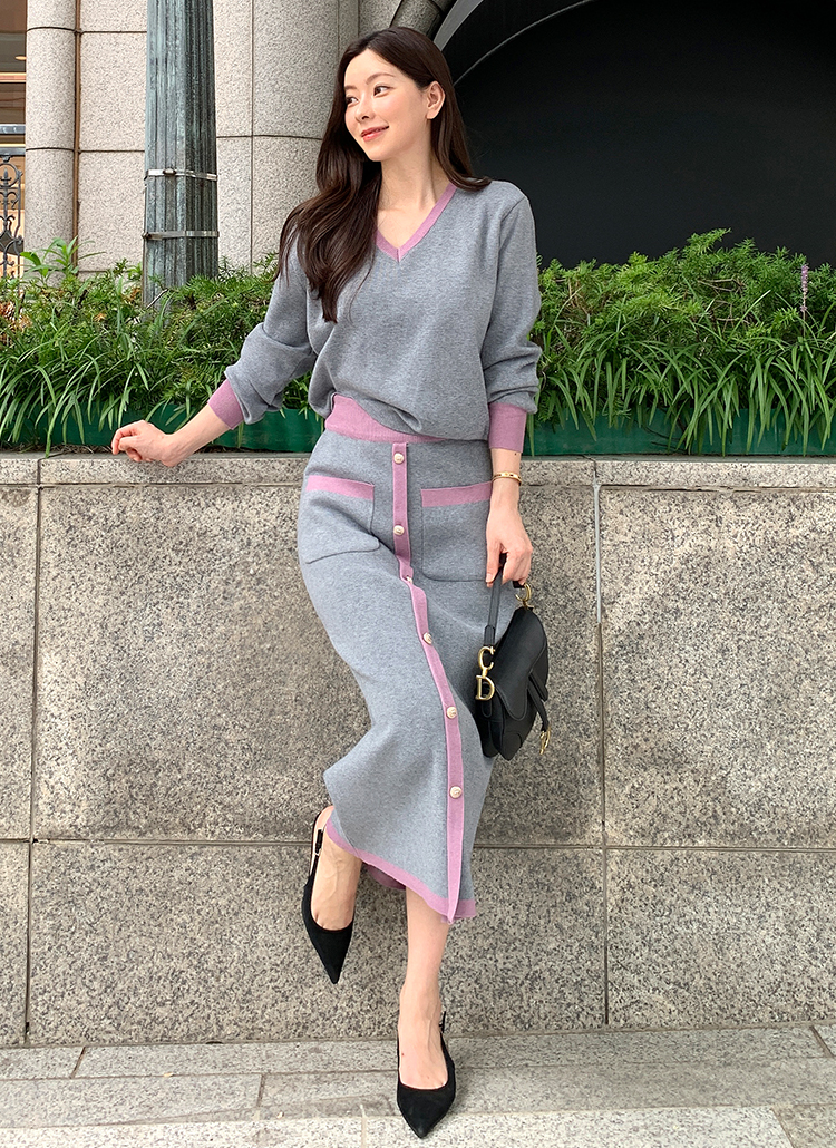 ニットVネック長袖ウエストゴムポケットロング配色セットアップ