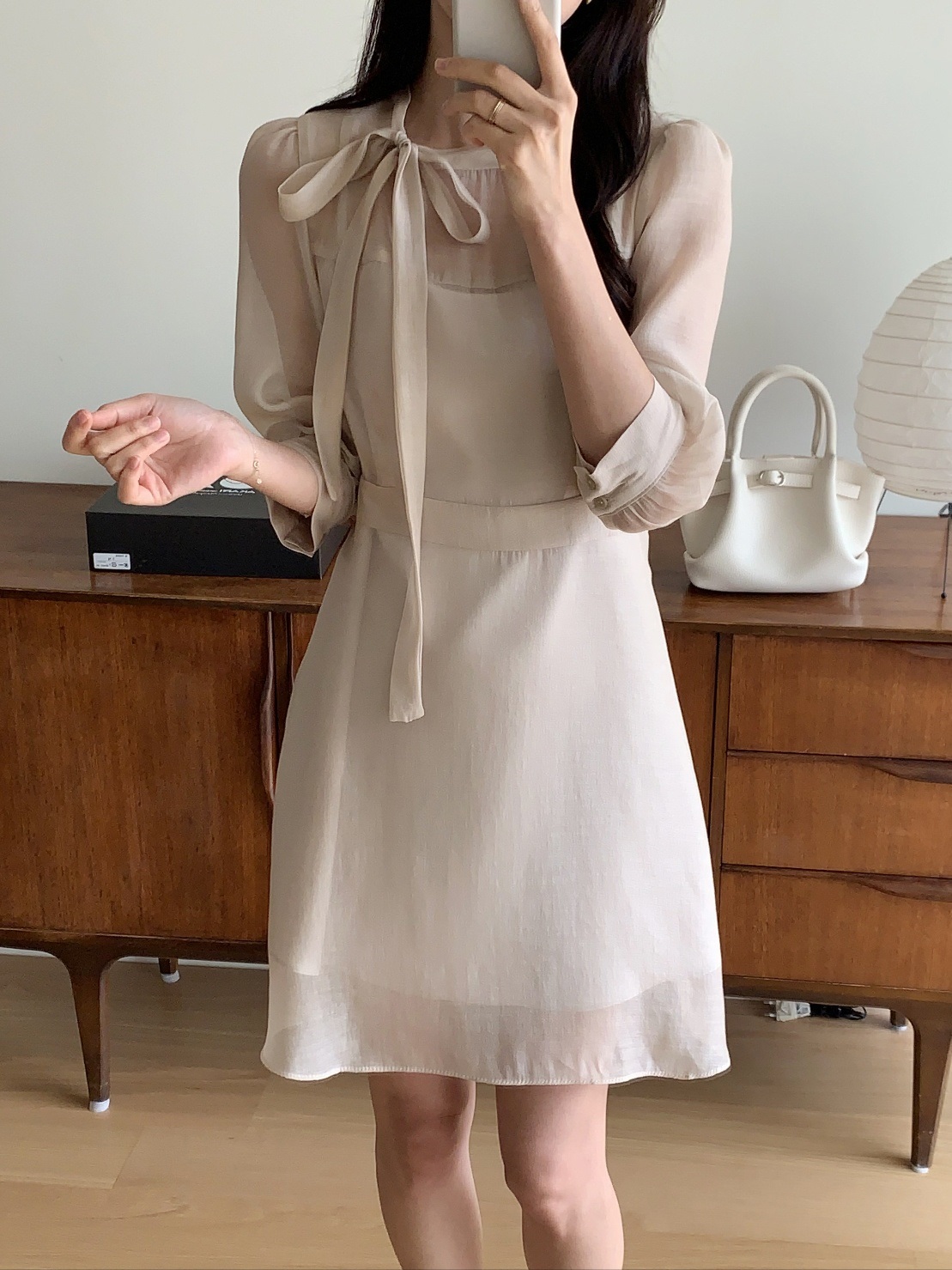 シフォンシースルーボウタイ7分袖Aラインワンピース | 詳細画像17