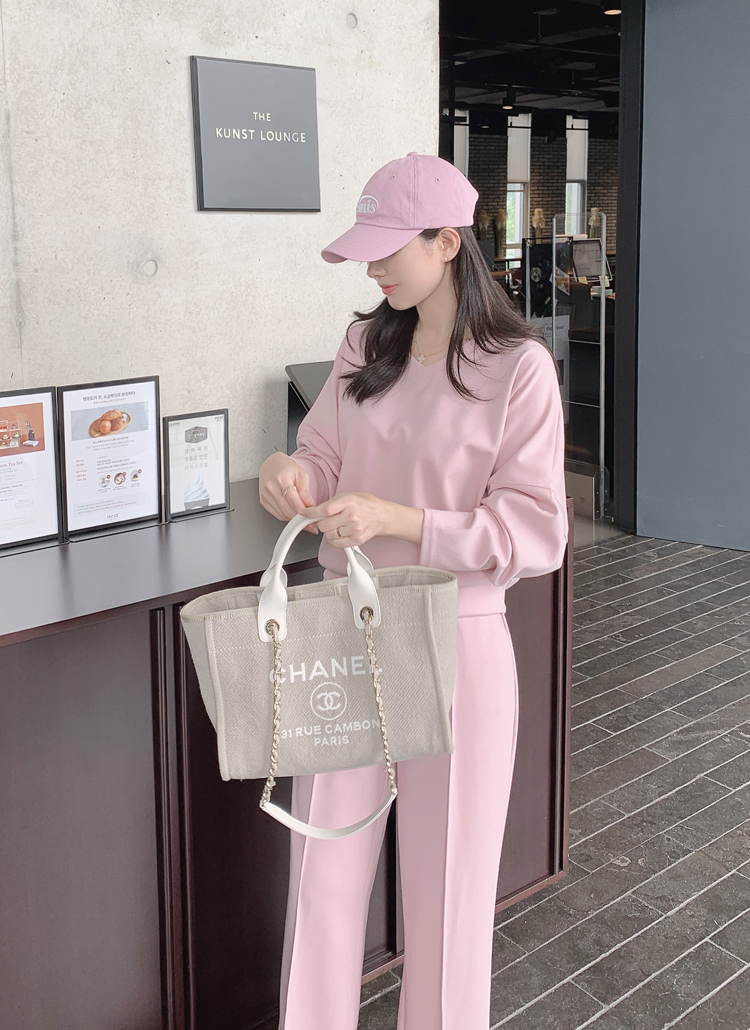 ウエストゴムワイドVネック長袖ルーズセットアップトレーニングパンツ