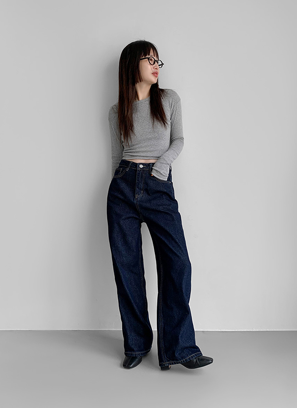 選べる丈]ノンウォッシュストレートワイドデニムパンツ | レディース