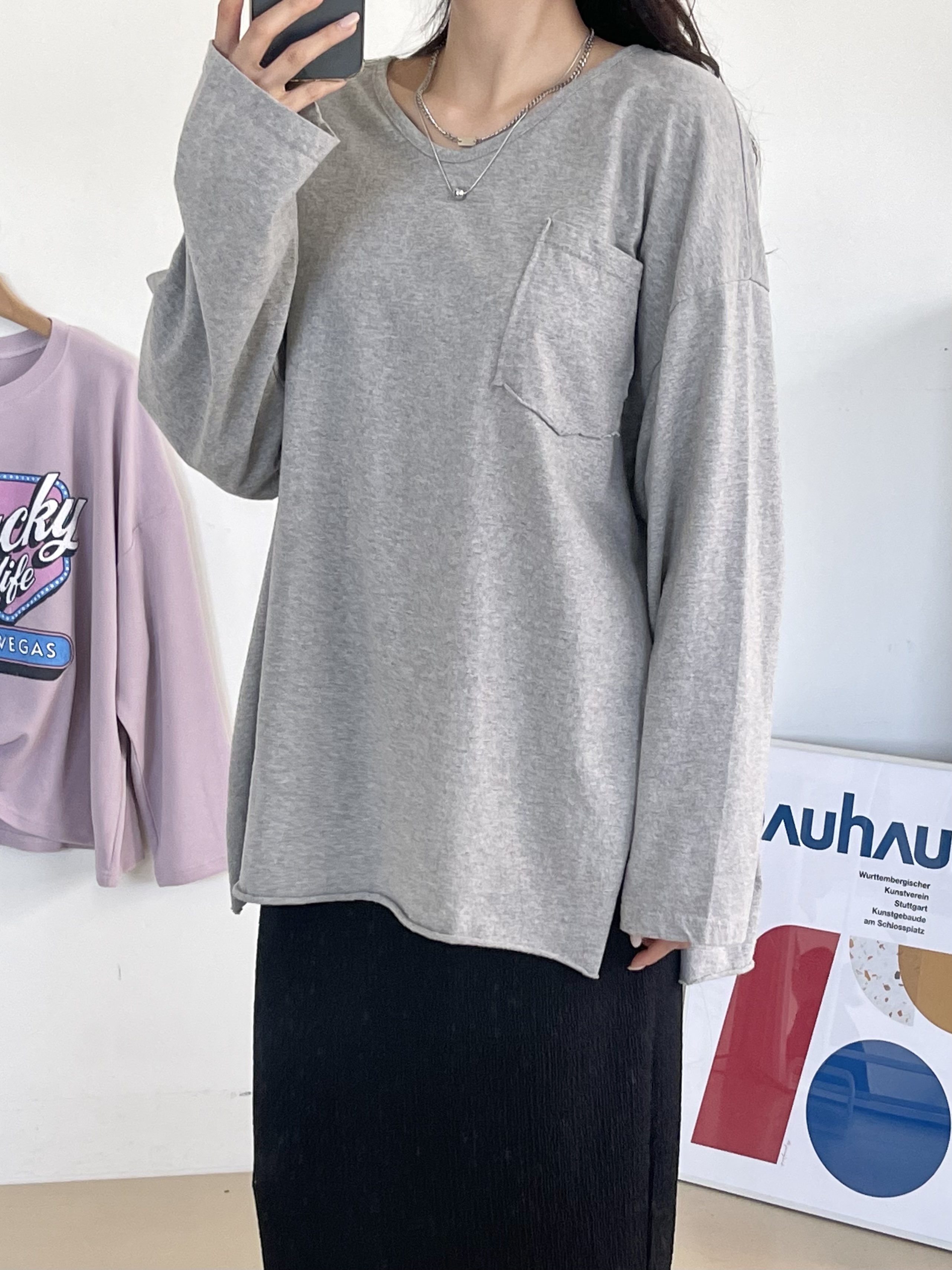 ラウンドネックポケットボクシールーズ長袖Tシャツ | 詳細画像2