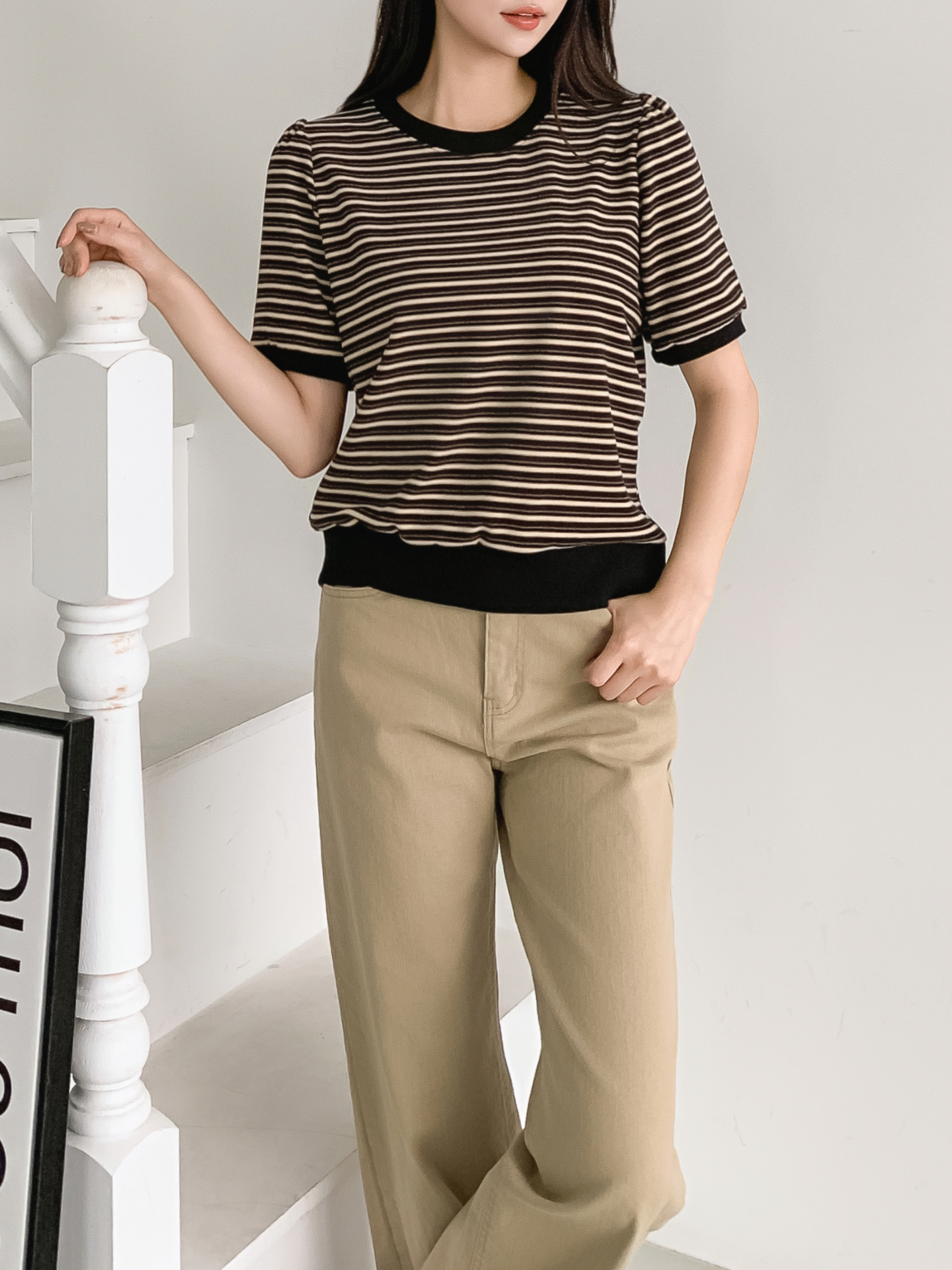 ラウンドネック半袖ボーダー配色Tシャツスウェット | 詳細画像3