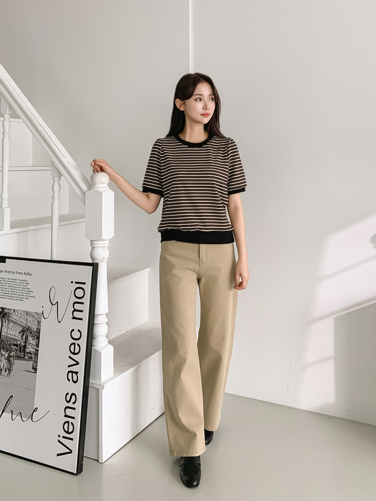 ラウンドネック半袖ボーダー配色Tシャツスウェット | 詳細画像6