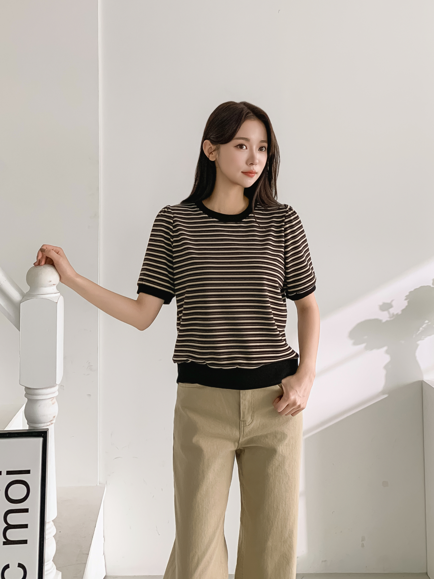 ラウンドネック半袖ボーダー配色Tシャツスウェット | 詳細画像7