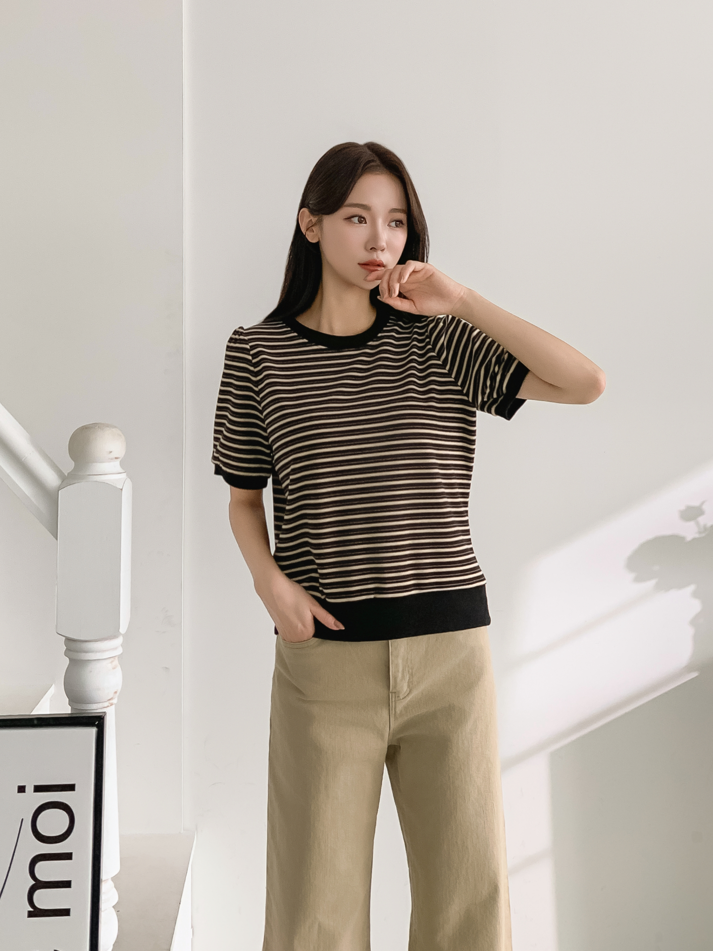 ラウンドネック半袖ボーダー配色Tシャツスウェット | 詳細画像8