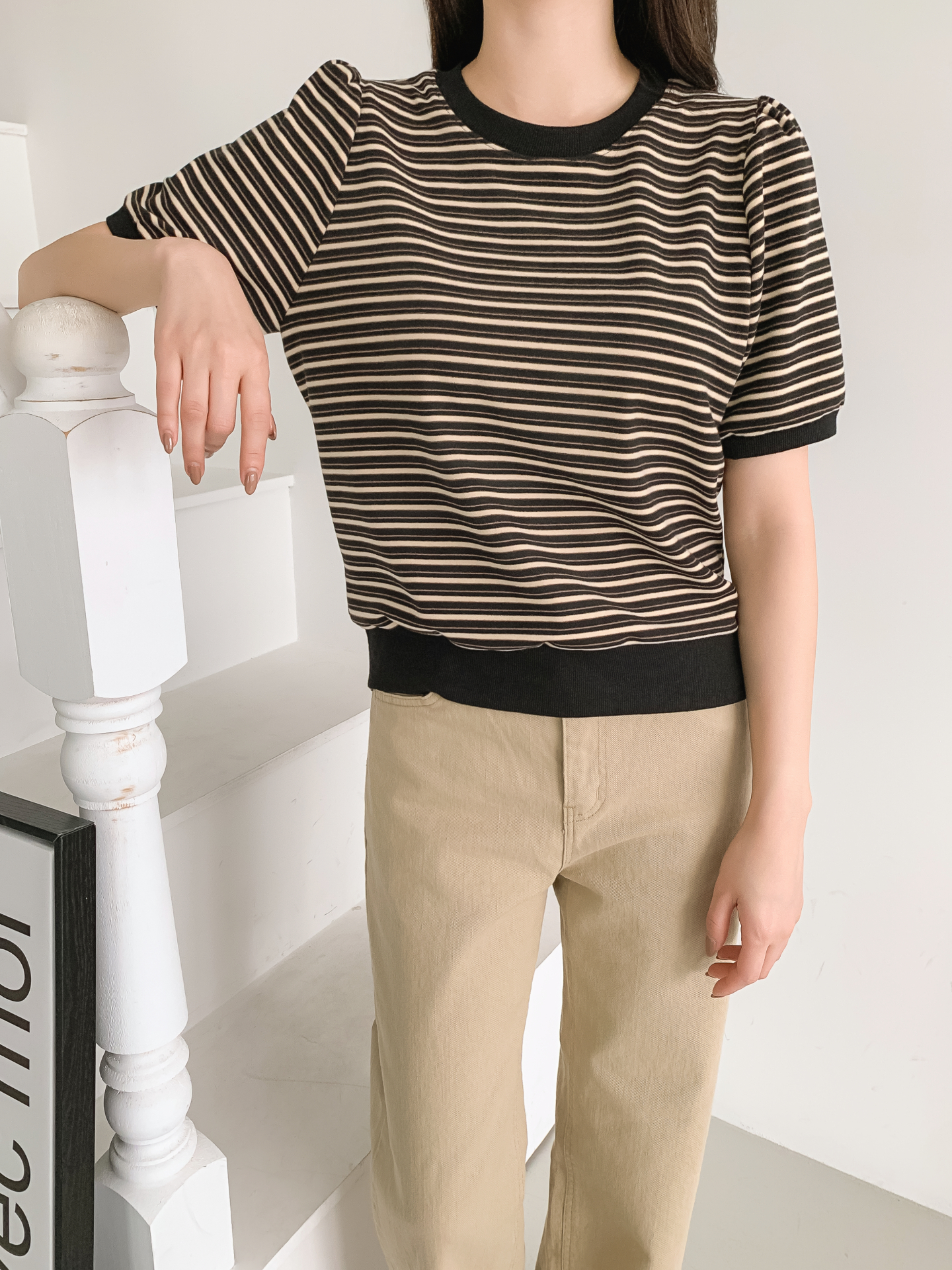 ラウンドネック半袖ボーダー配色Tシャツスウェット | 詳細画像10