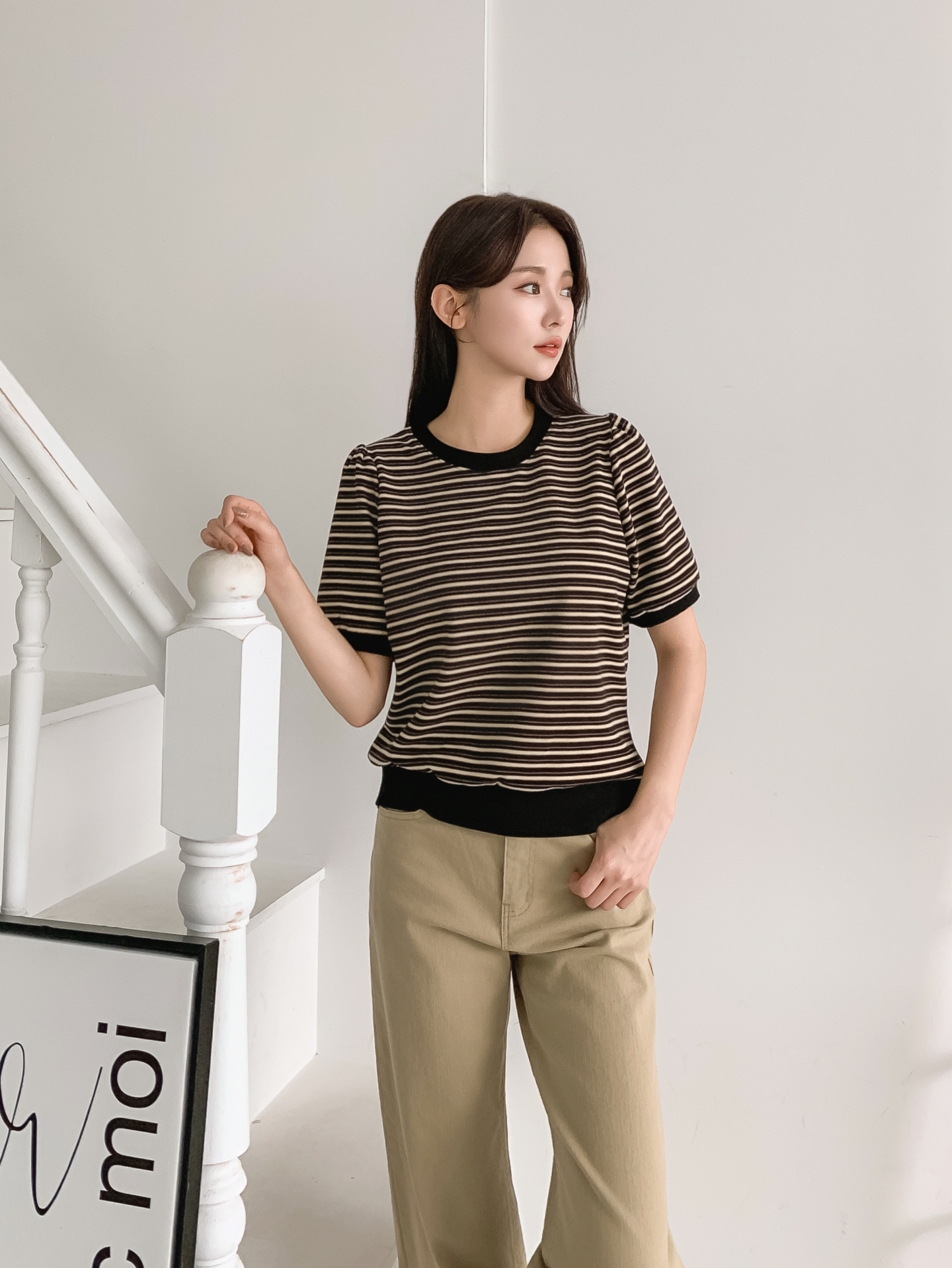 ラウンドネック半袖ボーダー配色Tシャツスウェット | 詳細画像11