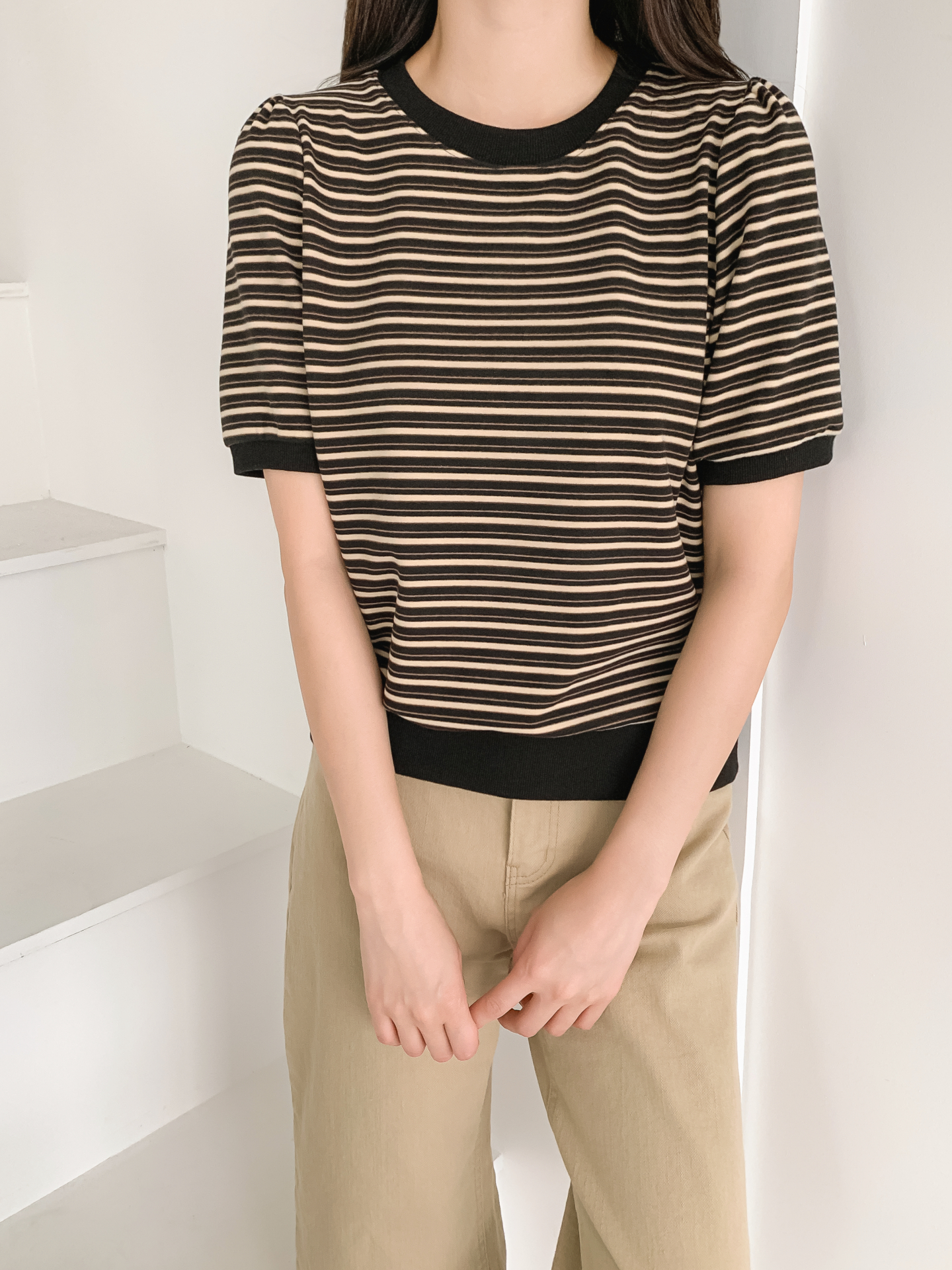 ラウンドネック半袖ボーダー配色Tシャツスウェット | 詳細画像12