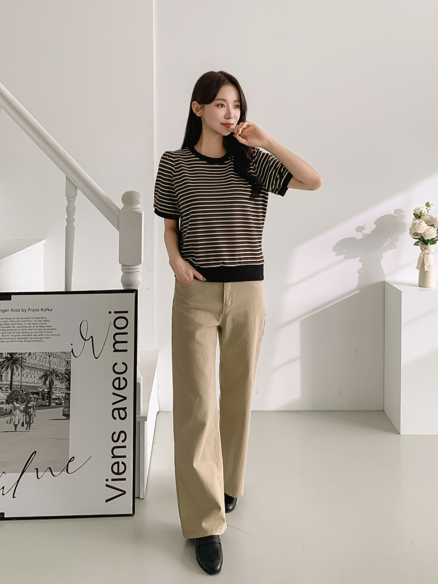 ラウンドネック半袖ボーダー配色Tシャツスウェット | 詳細画像2