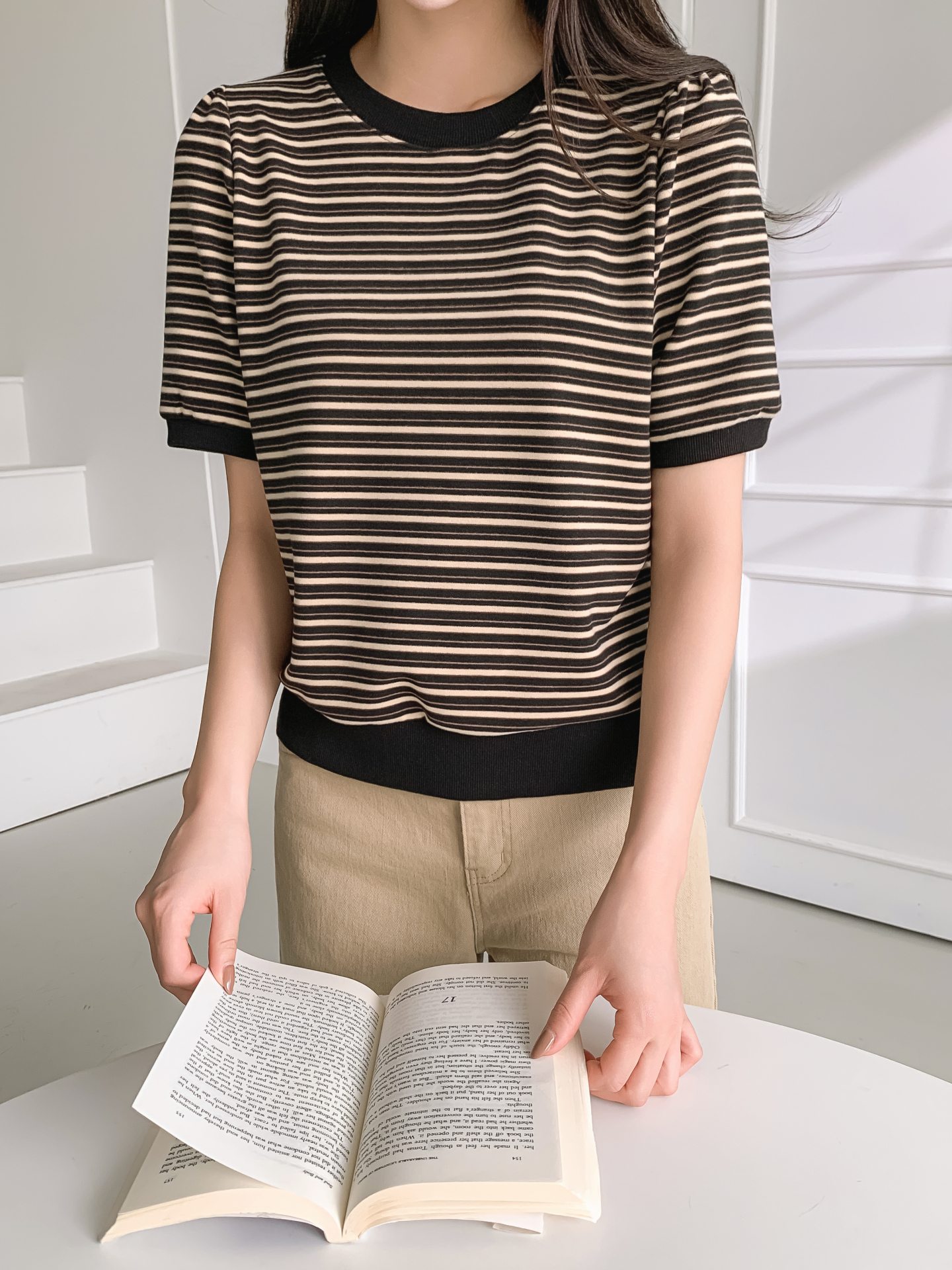 ラウンドネック半袖ボーダー配色Tシャツスウェット | 詳細画像14