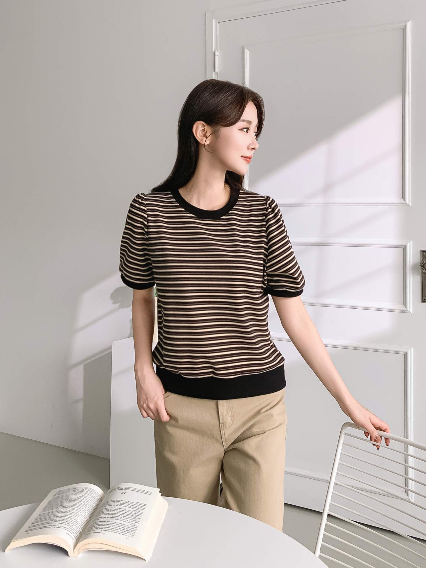 ラウンドネック半袖ボーダー配色Tシャツスウェット | 詳細画像16