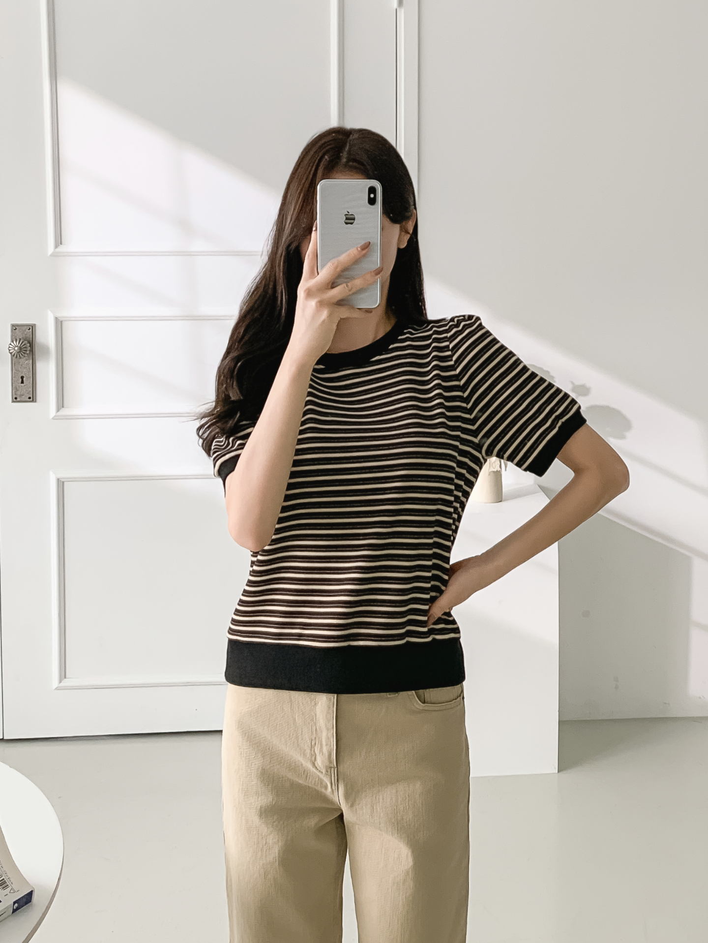 ラウンドネック半袖ボーダー配色Tシャツスウェット | 詳細画像5