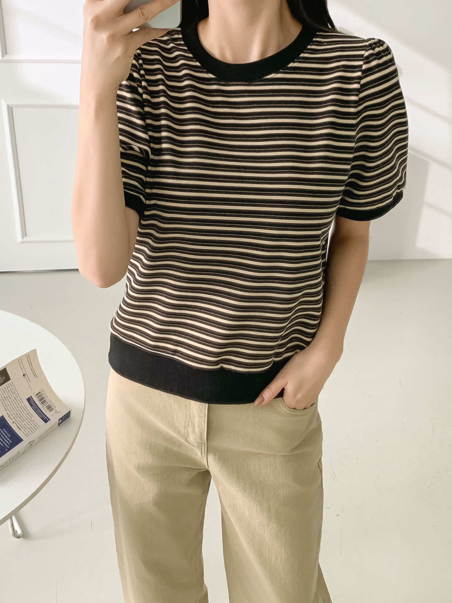 ラウンドネック半袖ボーダー配色Tシャツスウェット | 詳細画像17