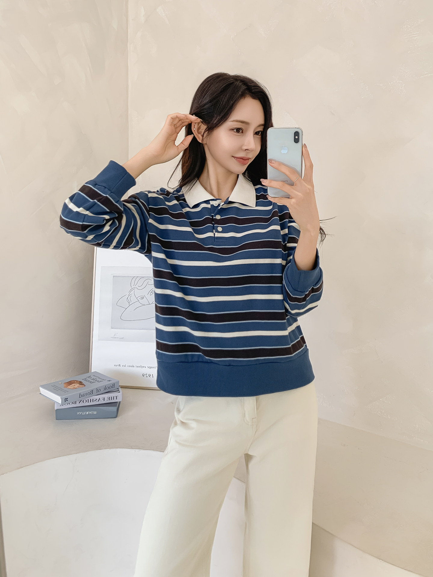 コットンカラー長袖ボーダーポロカラーTシャツ | 詳細画像15