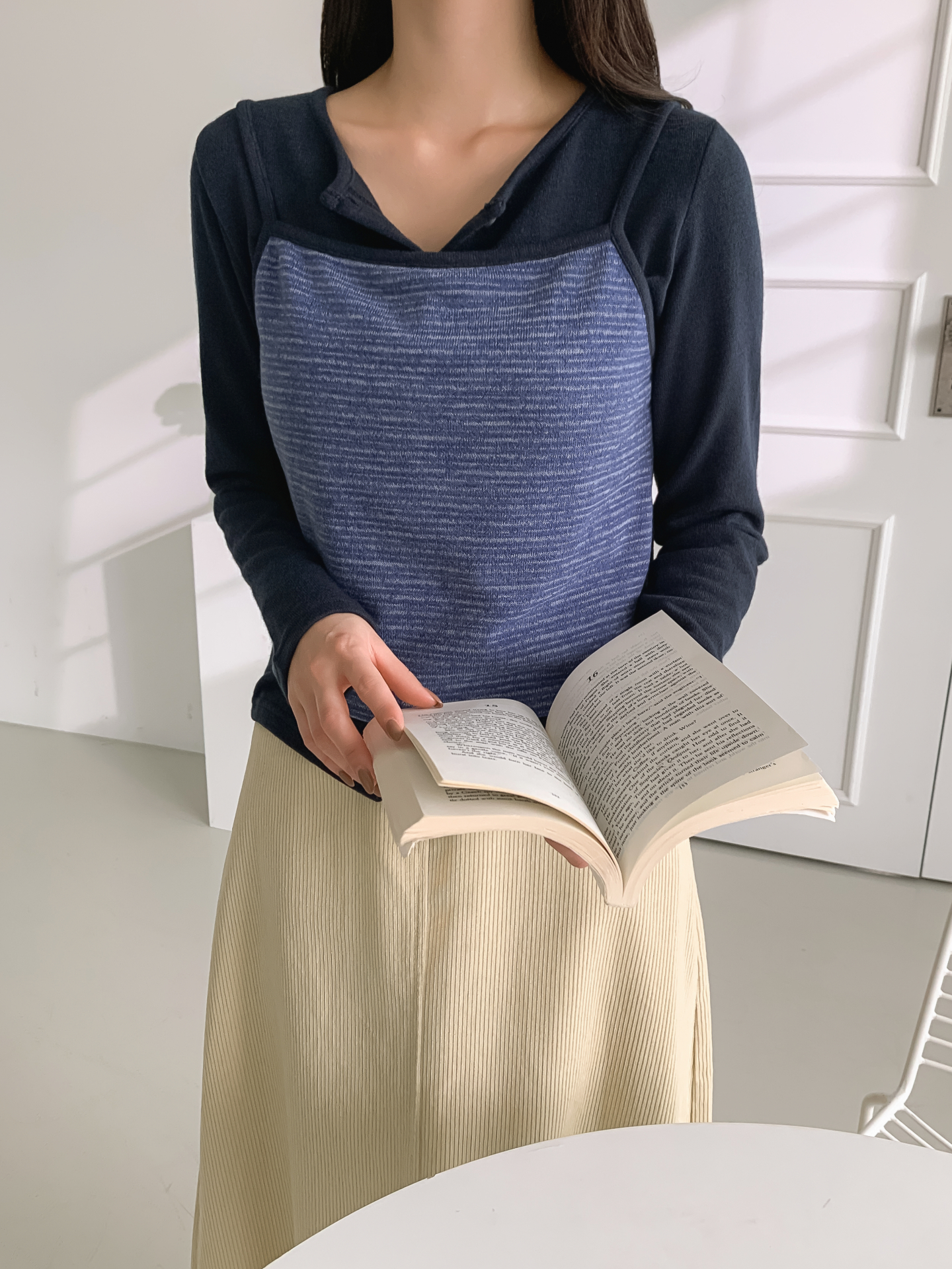 スリム長袖ボーダーカーディガンタンクトップアンサンブル | 詳細画像19