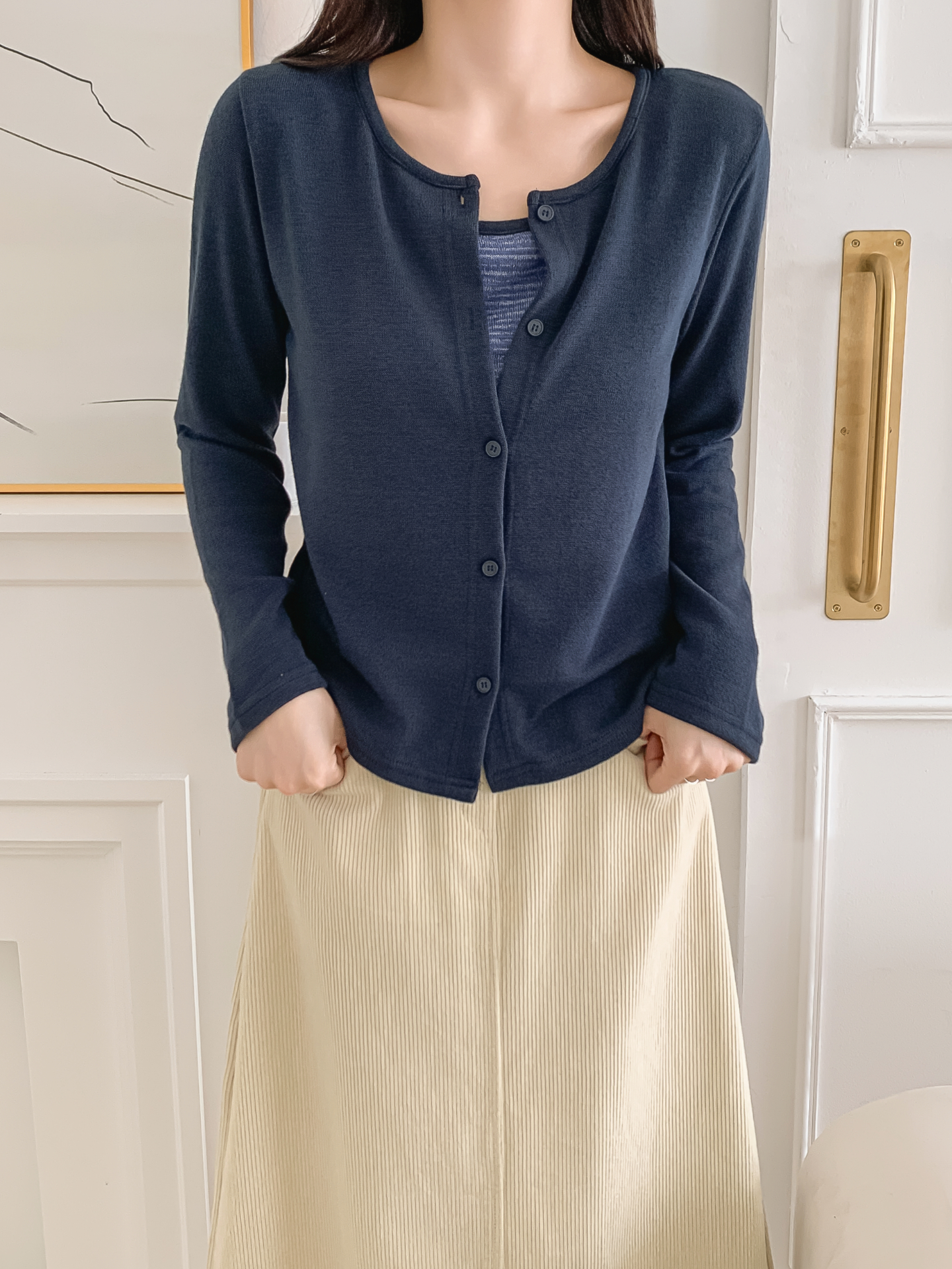 スリム長袖ボーダーカーディガンタンクトップアンサンブル | 詳細画像12