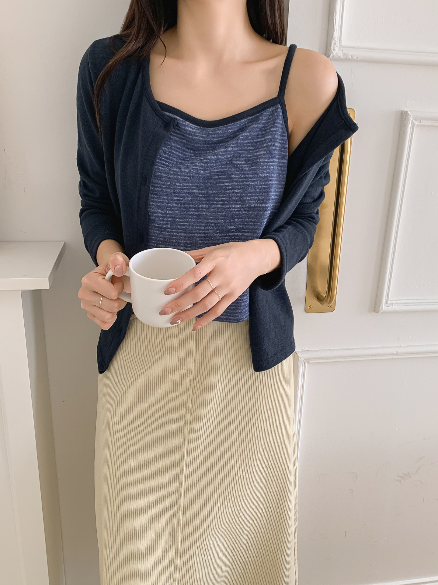 スリム長袖ボーダーカーディガンタンクトップアンサンブル | 詳細画像17