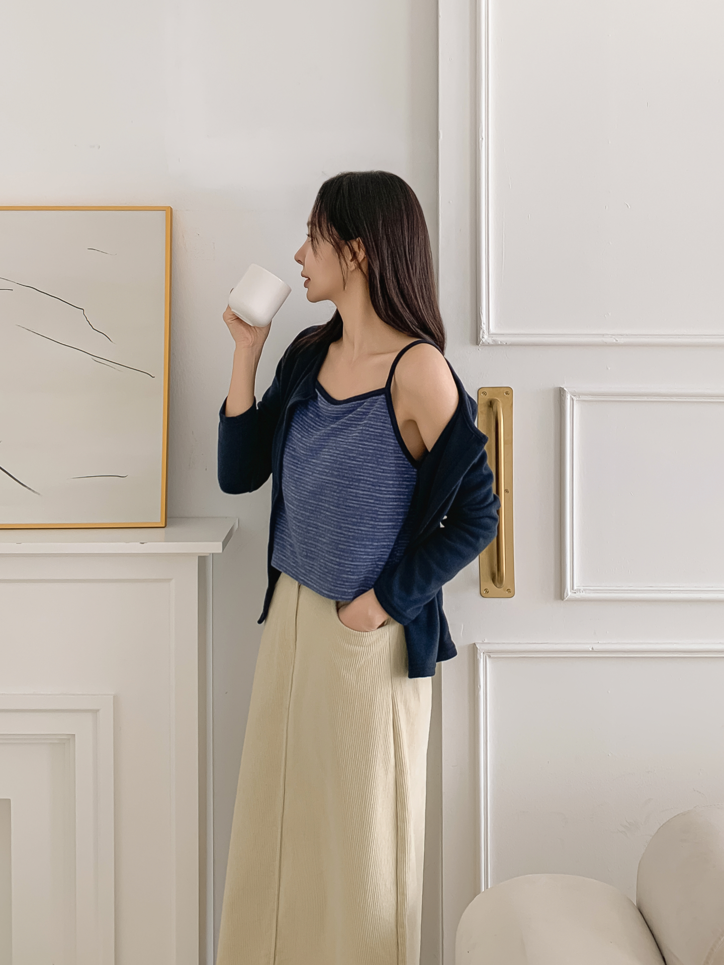 スリム長袖ボーダーカーディガンタンクトップアンサンブル | 詳細画像8