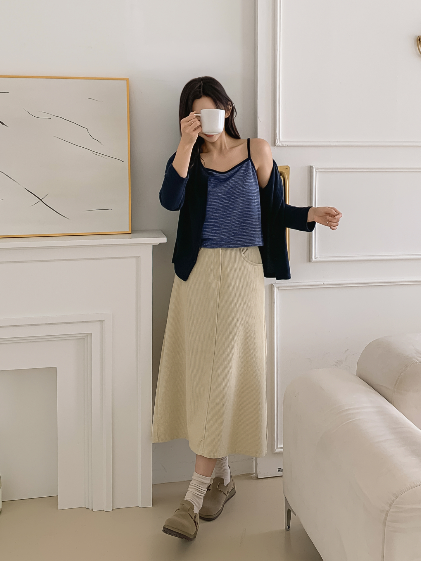 スリム長袖ボーダーカーディガンタンクトップアンサンブル | 詳細画像5