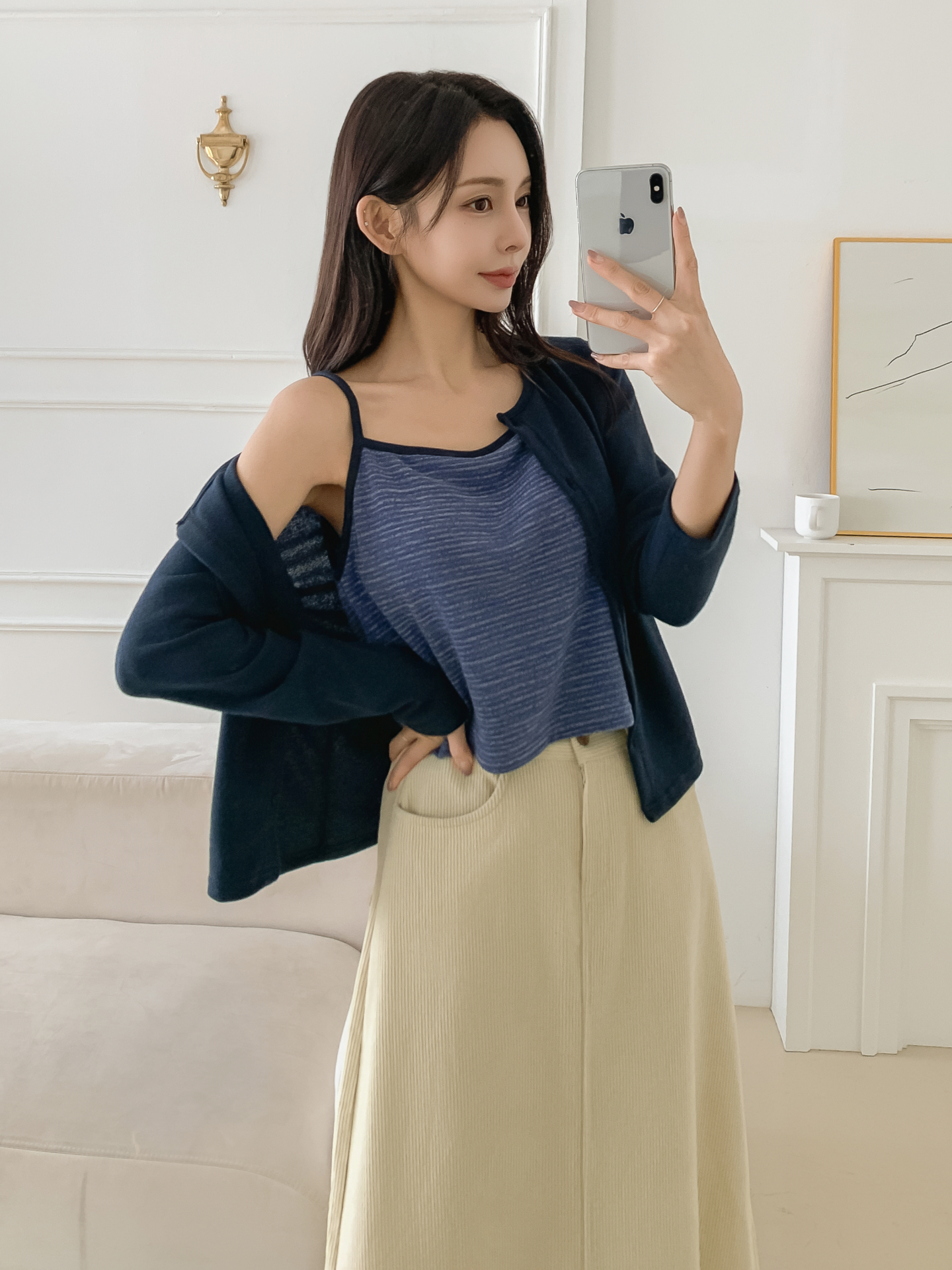 スリム長袖ボーダーカーディガンタンクトップアンサンブル | 詳細画像2