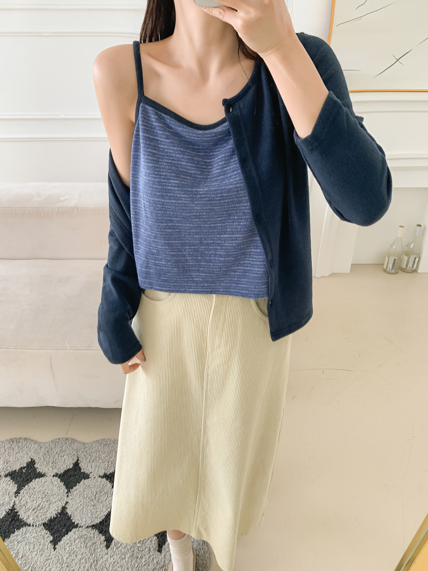 スリム長袖ボーダーカーディガンタンクトップアンサンブル | 詳細画像3