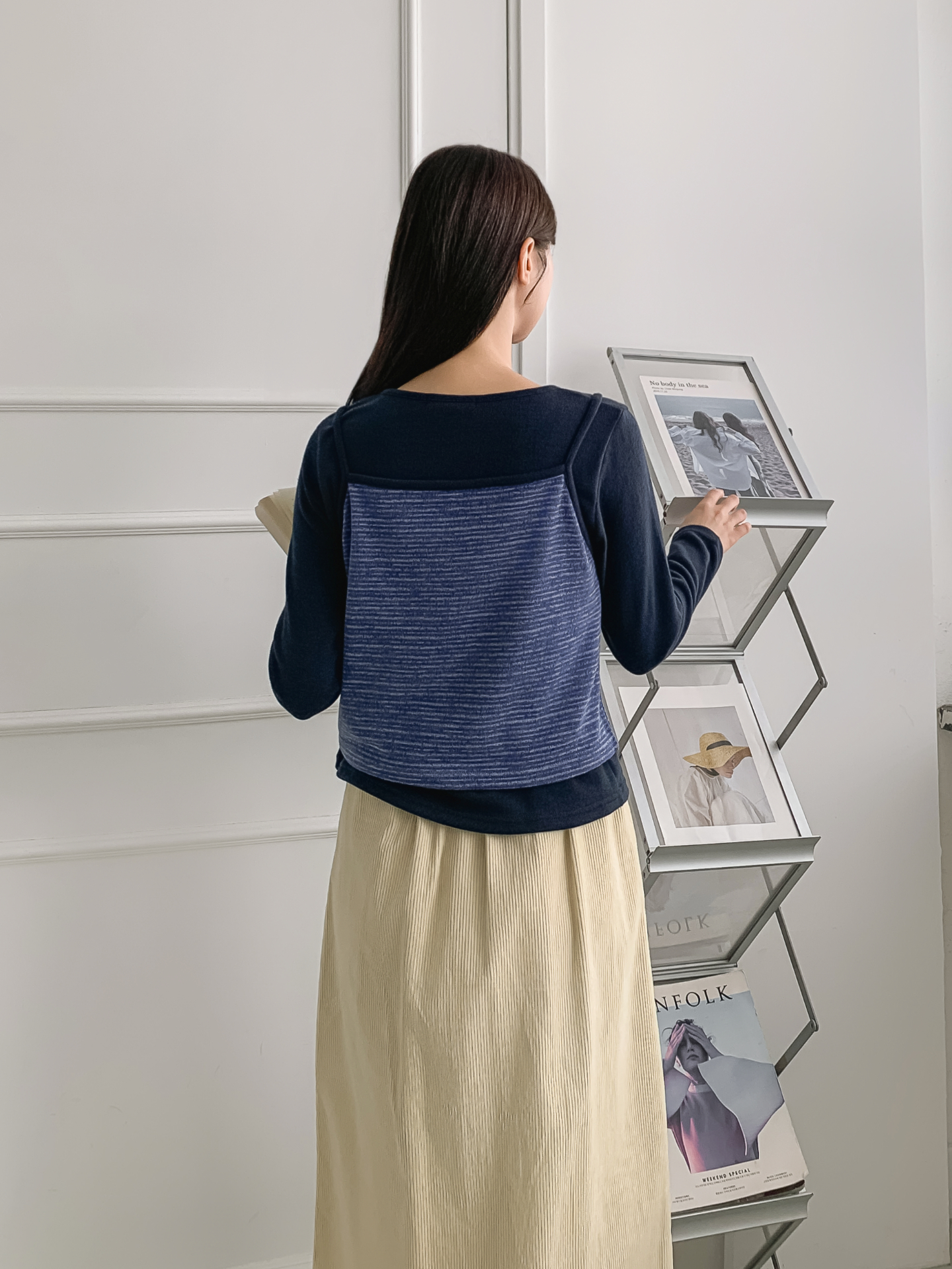 スリム長袖ボーダーカーディガンタンクトップアンサンブル | 詳細画像22