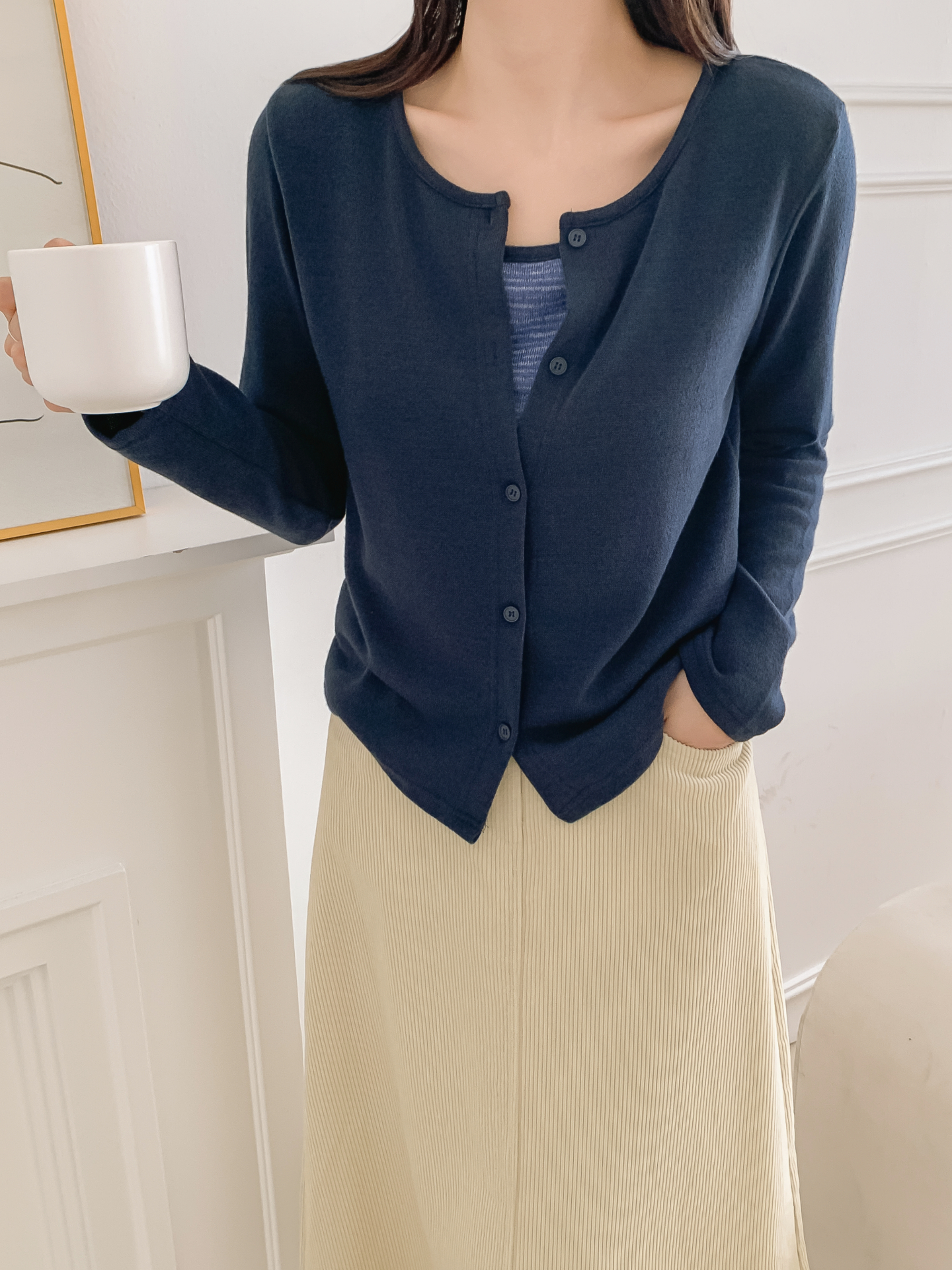 スリム長袖ボーダーカーディガンタンクトップアンサンブル | 詳細画像14