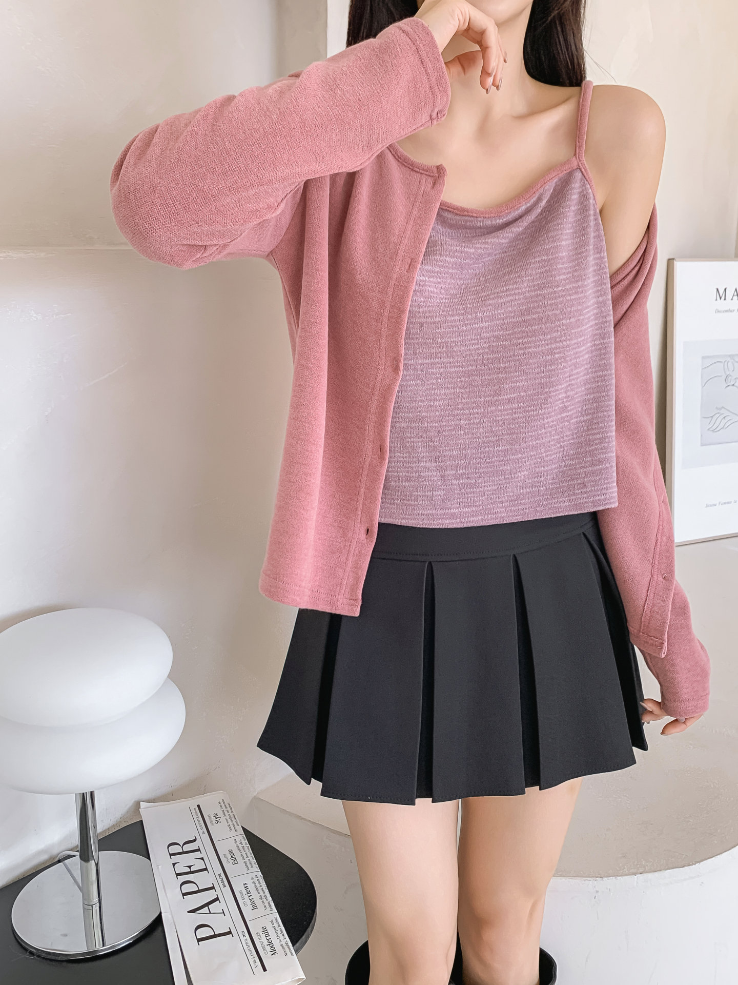 スリム長袖ボーダーカーディガンタンクトップアンサンブル | 詳細画像36