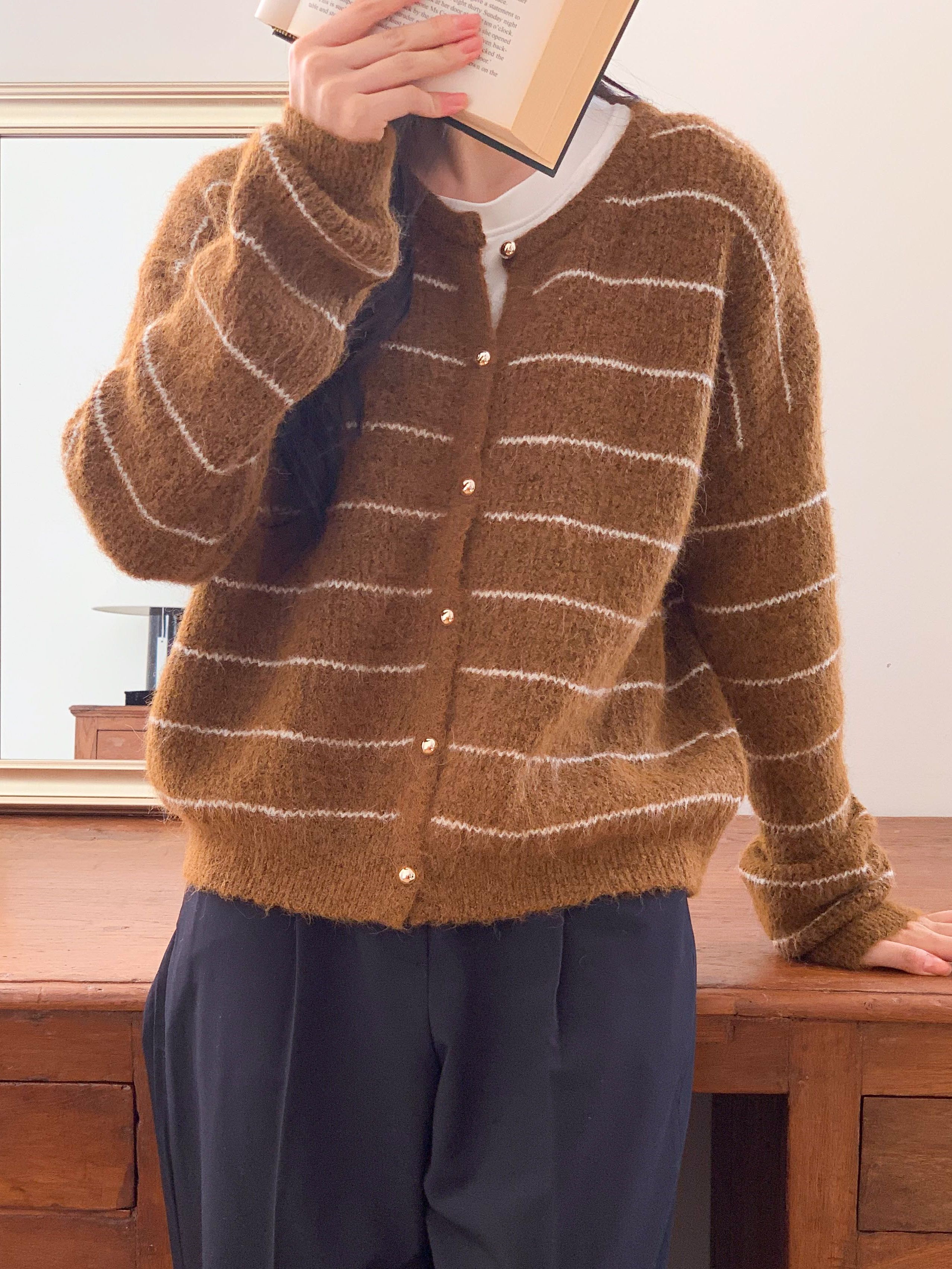 ウール混ボタンラウンドネック長袖ボーダーカーディガン | 詳細画像8