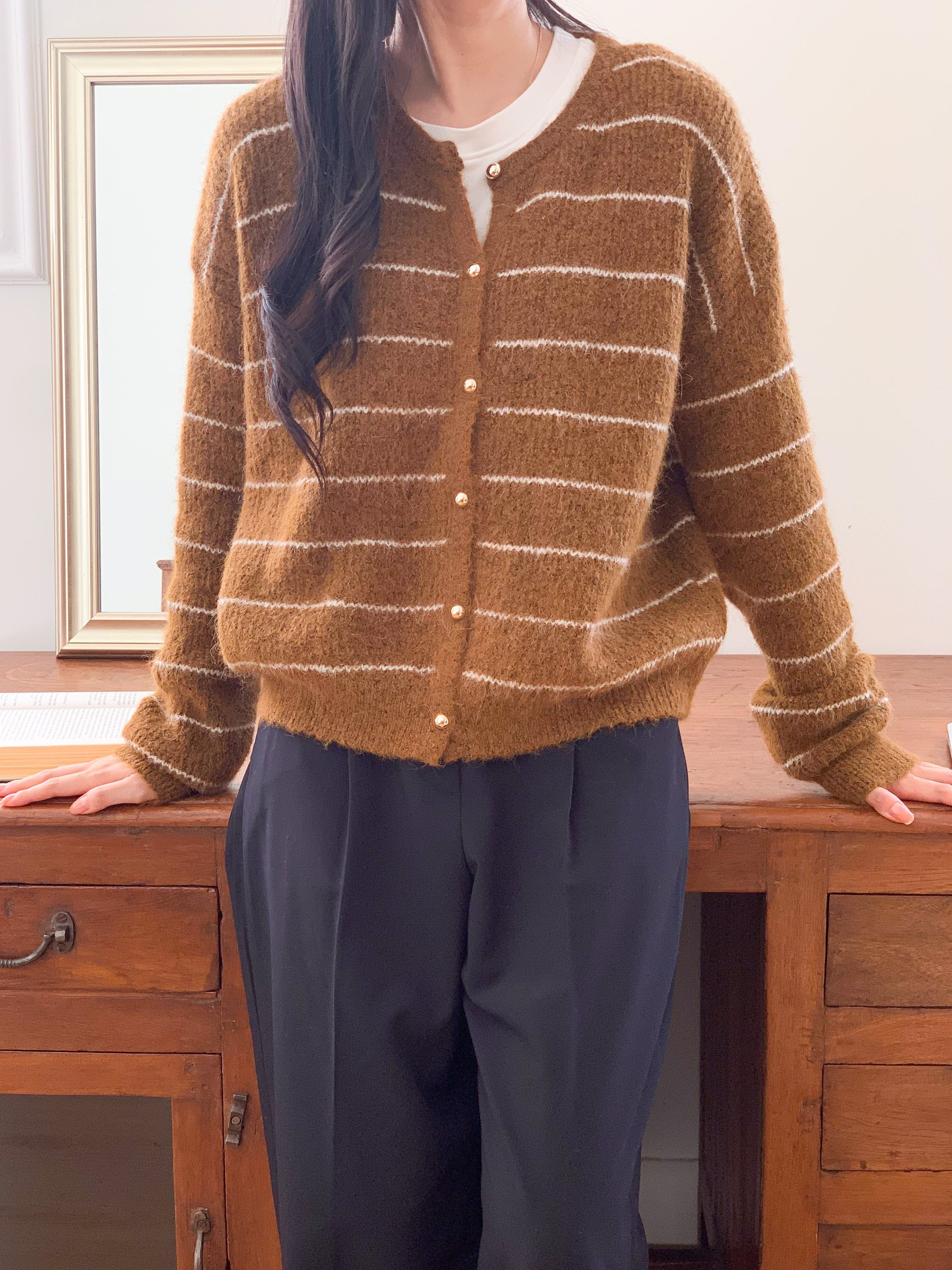 ウール混ボタンラウンドネック長袖ボーダーカーディガン | 詳細画像11