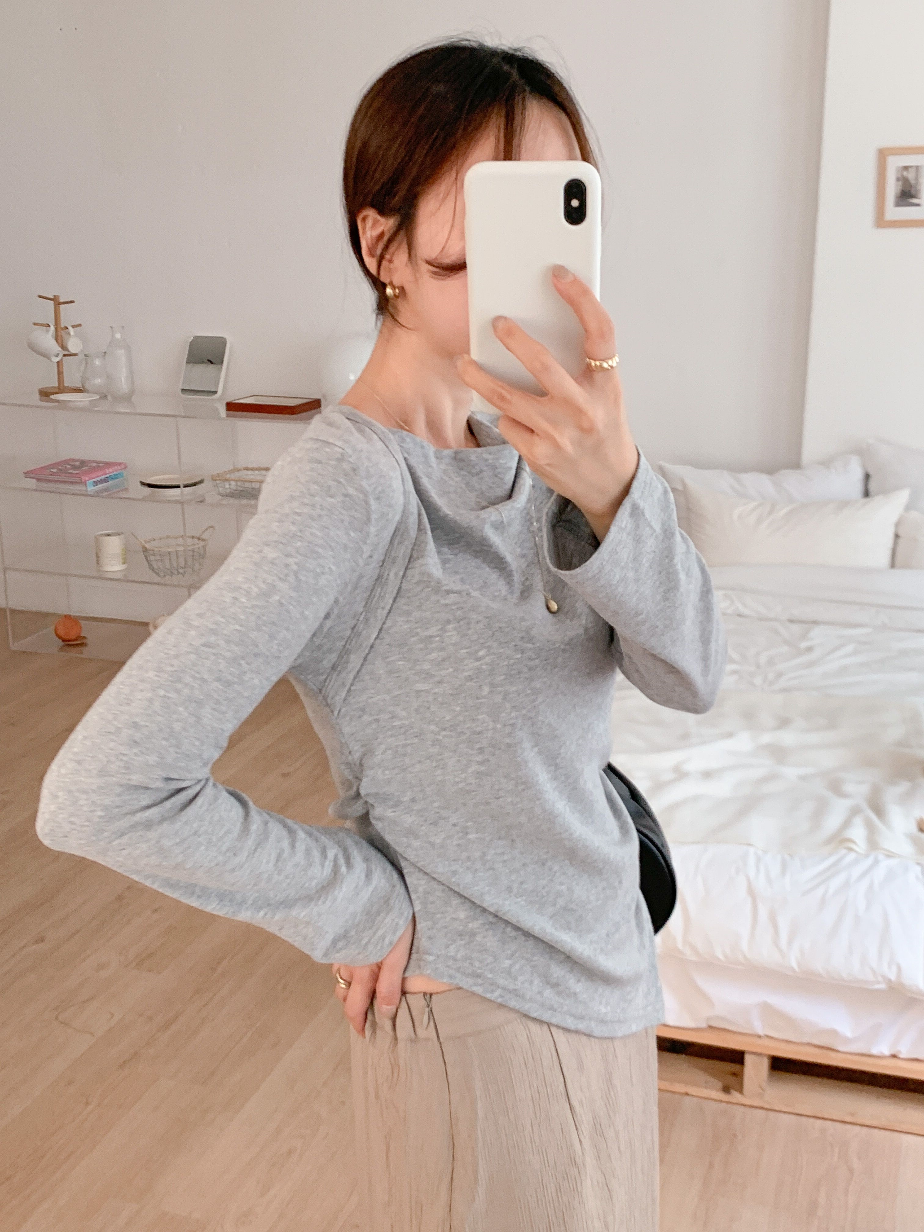 ドレープラウンドネックオフショルダーワンショルダー長袖Tシャツ | 詳細画像7