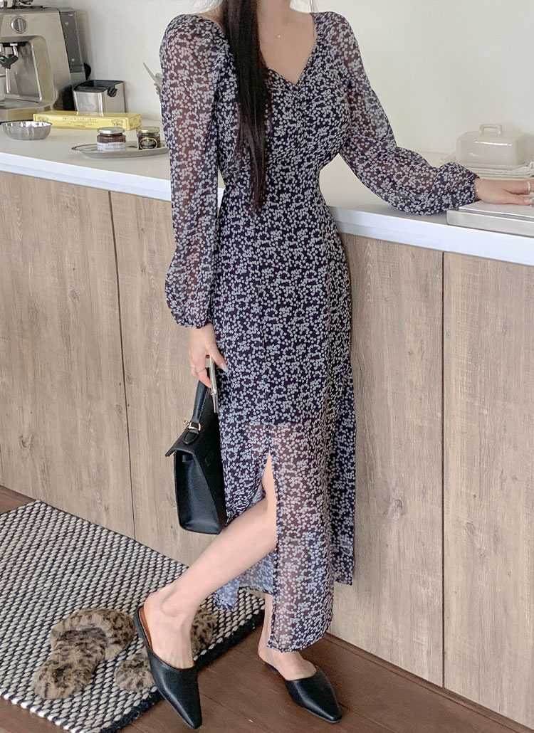 美品 M'S GRACY 小花柄 バックリボン ワンピース ブラウン 36 美品 M'S GRACY 小花柄 バックリボン ワンピース ブラウン 36