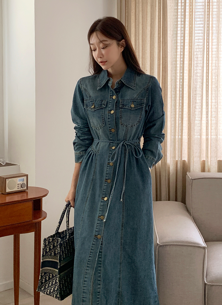 ベルト付デニムボタンロングワンピース | レディースファッション通販