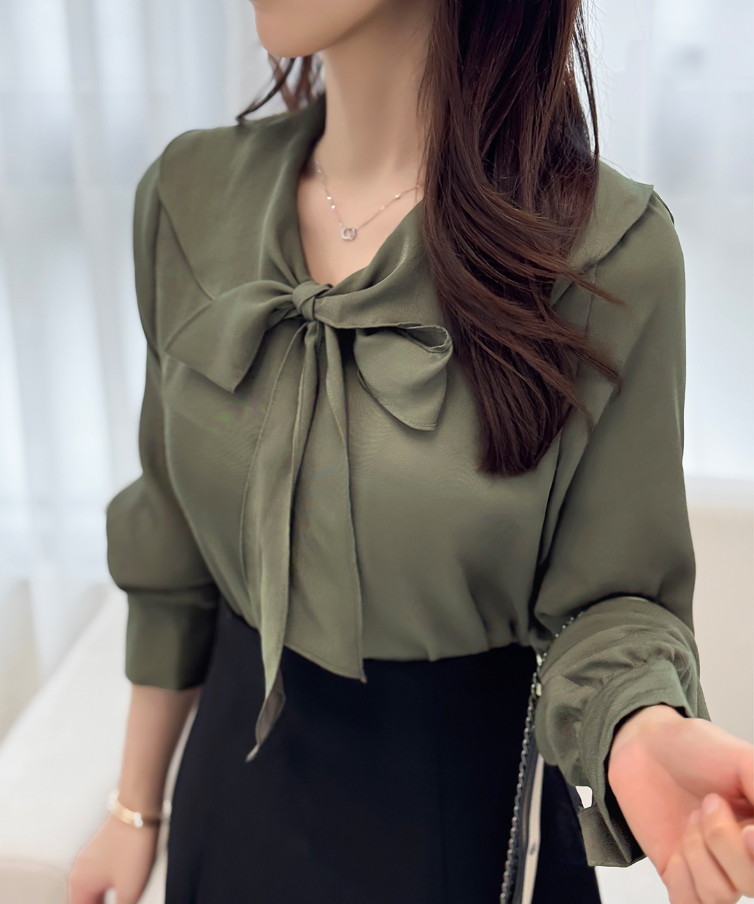 シーニューヨーク 22AW JASPER BORDER パフスリーブ ブラウス 2WAYシルキーボウタイセーラーカラーパフスリーブブラウス