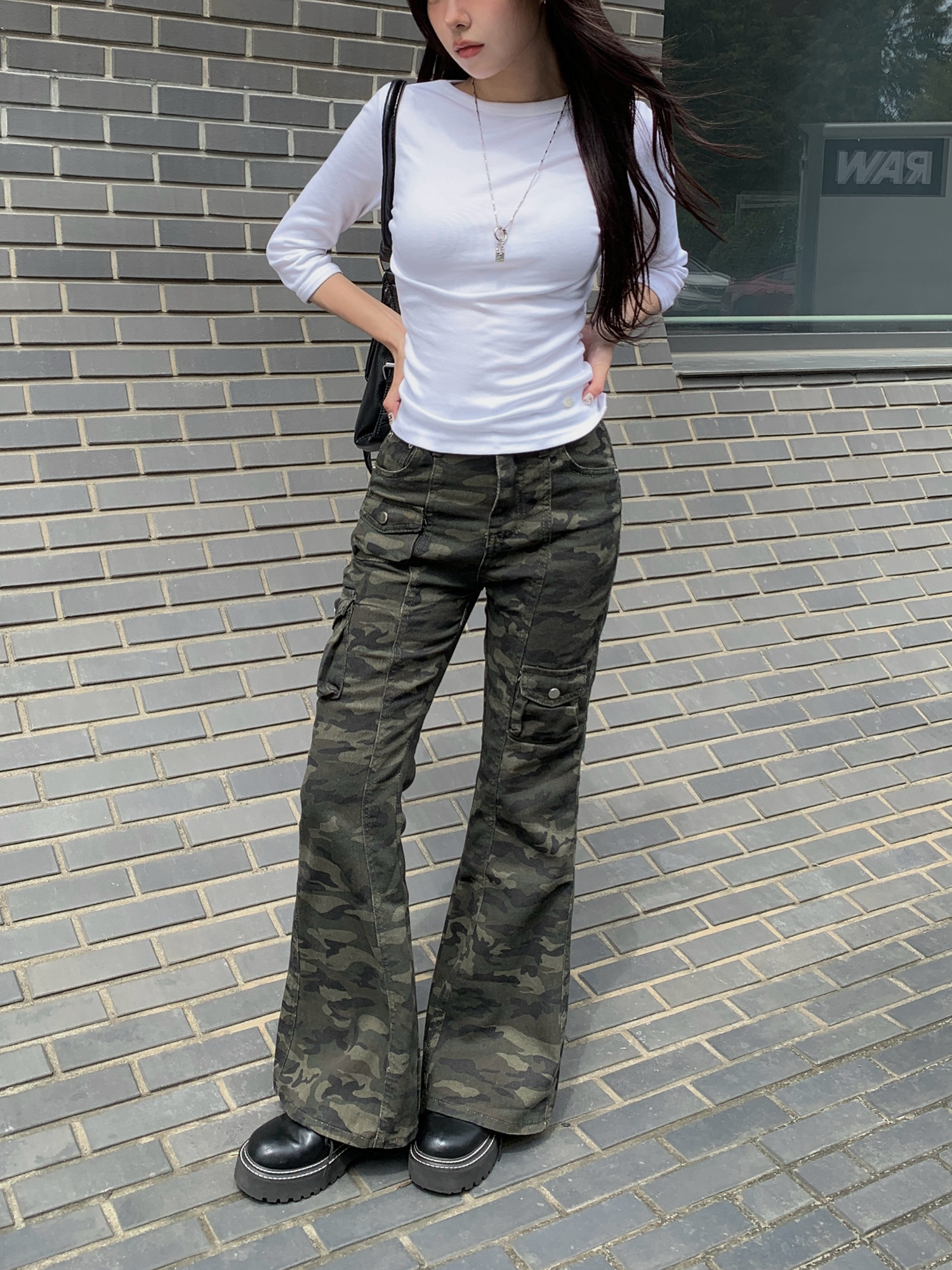 mnml カーゴフレアパンツ 迷彩フレア ブーツカット ハンターカモ28 