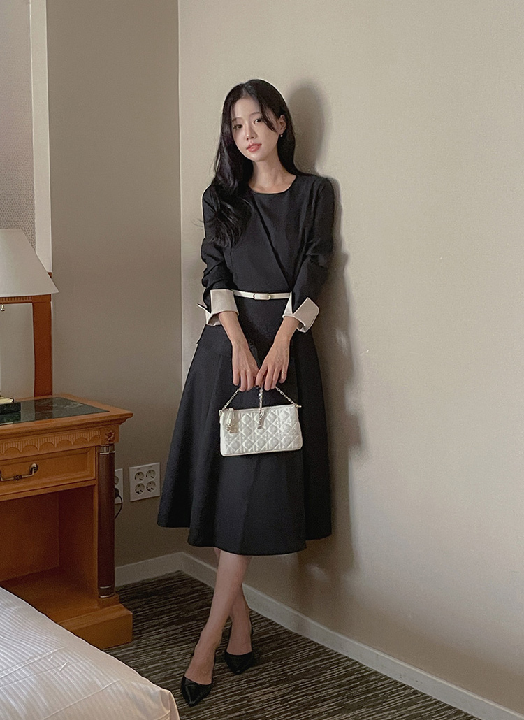 ベルト付配色ペプラムラップ調Aラインワンピース | レディース