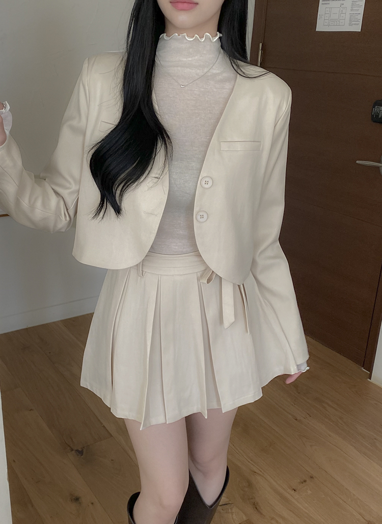 スカーフ付ボタンジップアッププリーツ長袖ミニセットアップスカート