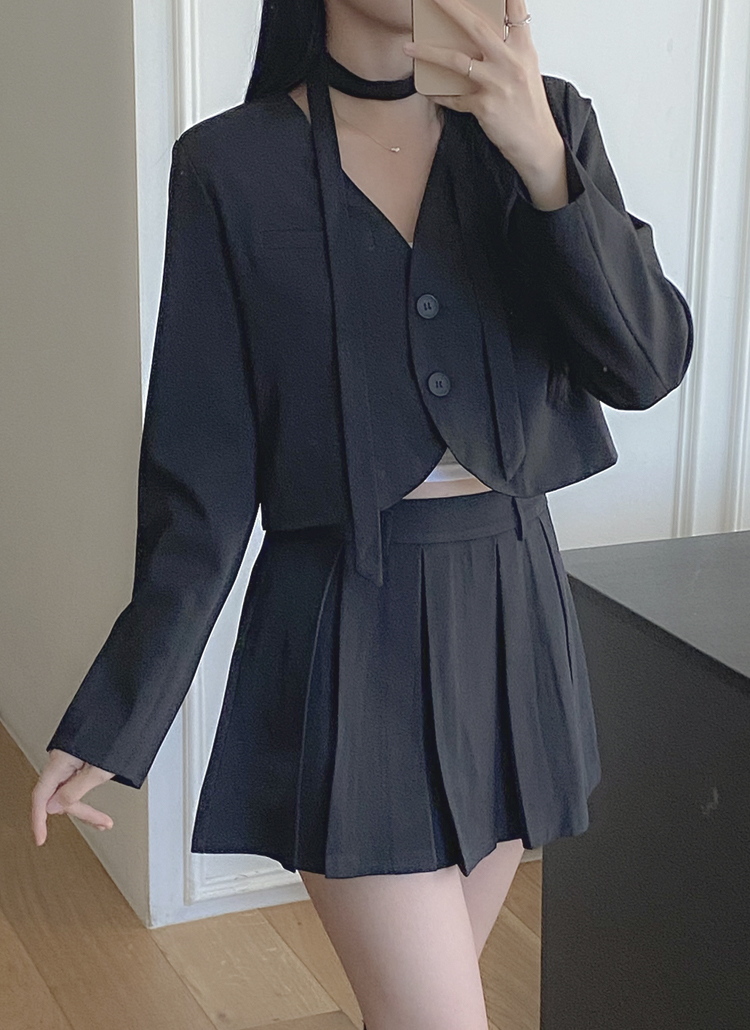 スカーフ付ボタンジップアッププリーツ長袖ミニセットアップスカート