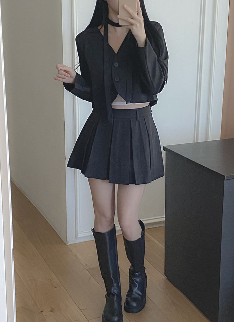 スカーフ付ボタンジップアッププリーツ長袖ミニセットアップスカート