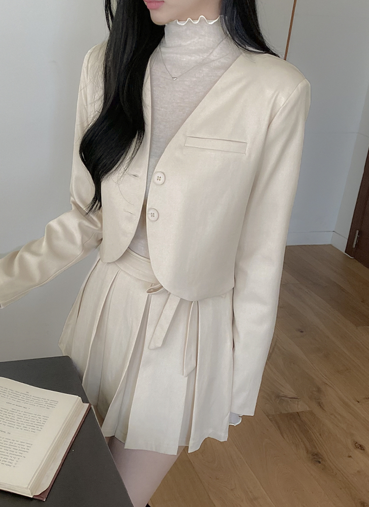 スカーフ付ボタンジップアッププリーツ長袖ミニセットアップスカート