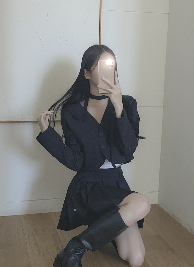 スカーフ付ボタンジップアッププリーツ長袖ミニセットアップスカート