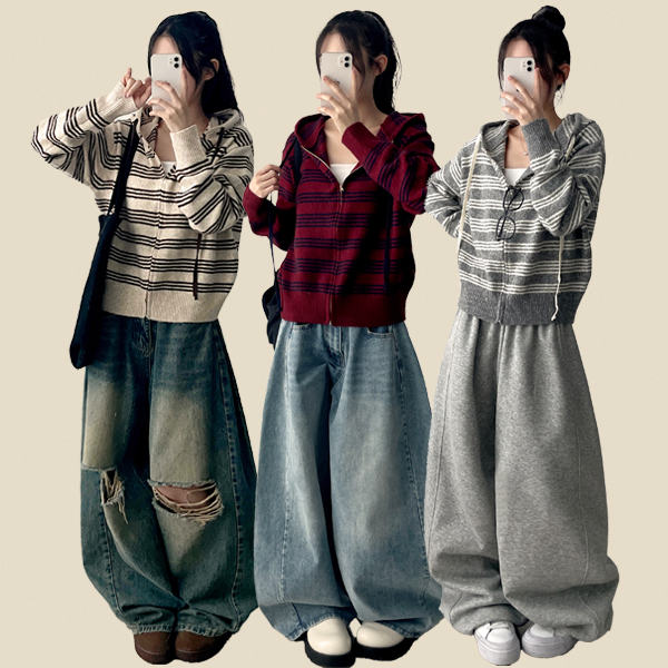 ニットルーズボーダージップパーカー | レディースファッション