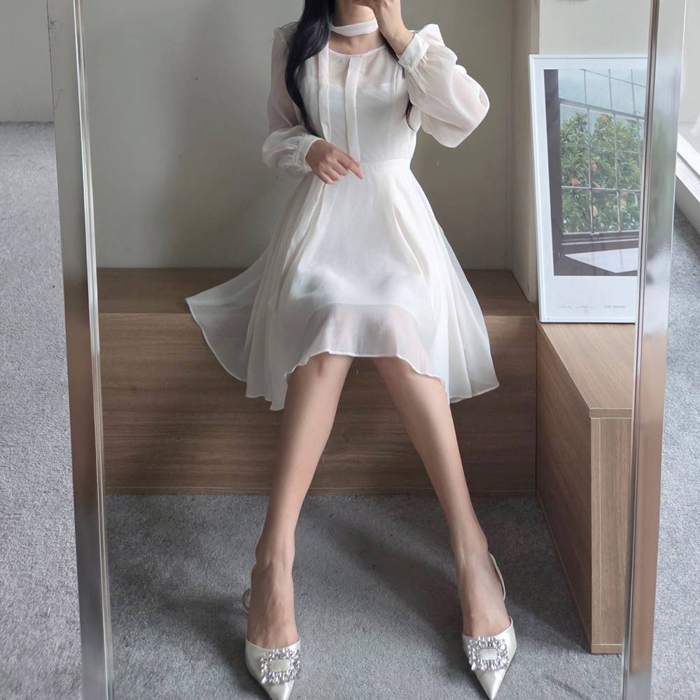 cheval DaisyPuffslimトラベルパフワンピース シフォンシースルーボウタイフレアパフスリーブワンピース