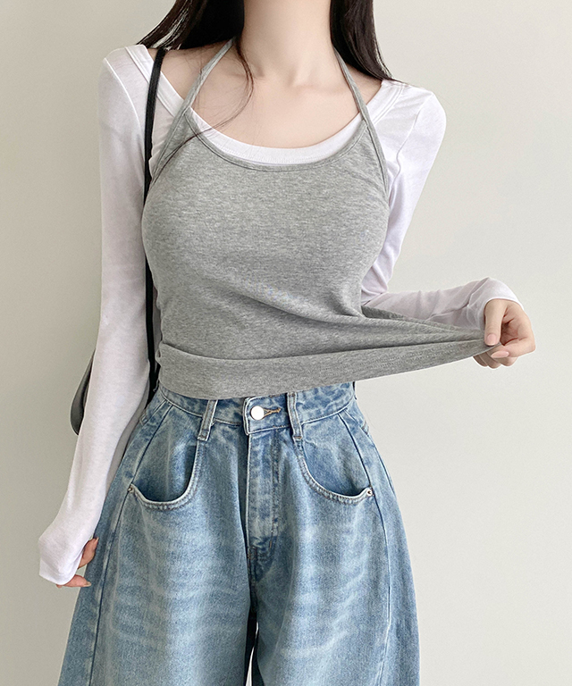 ラウンドネックホルターネックスリム長袖レイヤードTシャツ
