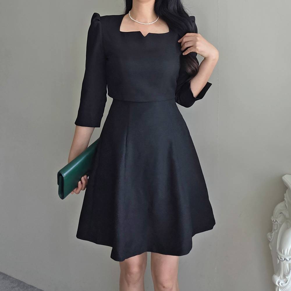 スクエアネックパフスリーブAライン7分袖ワンピース