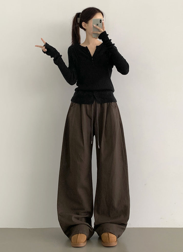 コットンドローストリングピンタックウエストゴムワイドパンツ