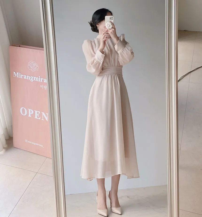 オーガンジーシャーリングロングフレア長袖ハーフネックバックリボンワンピース | mirangmirang | 詳細画像16