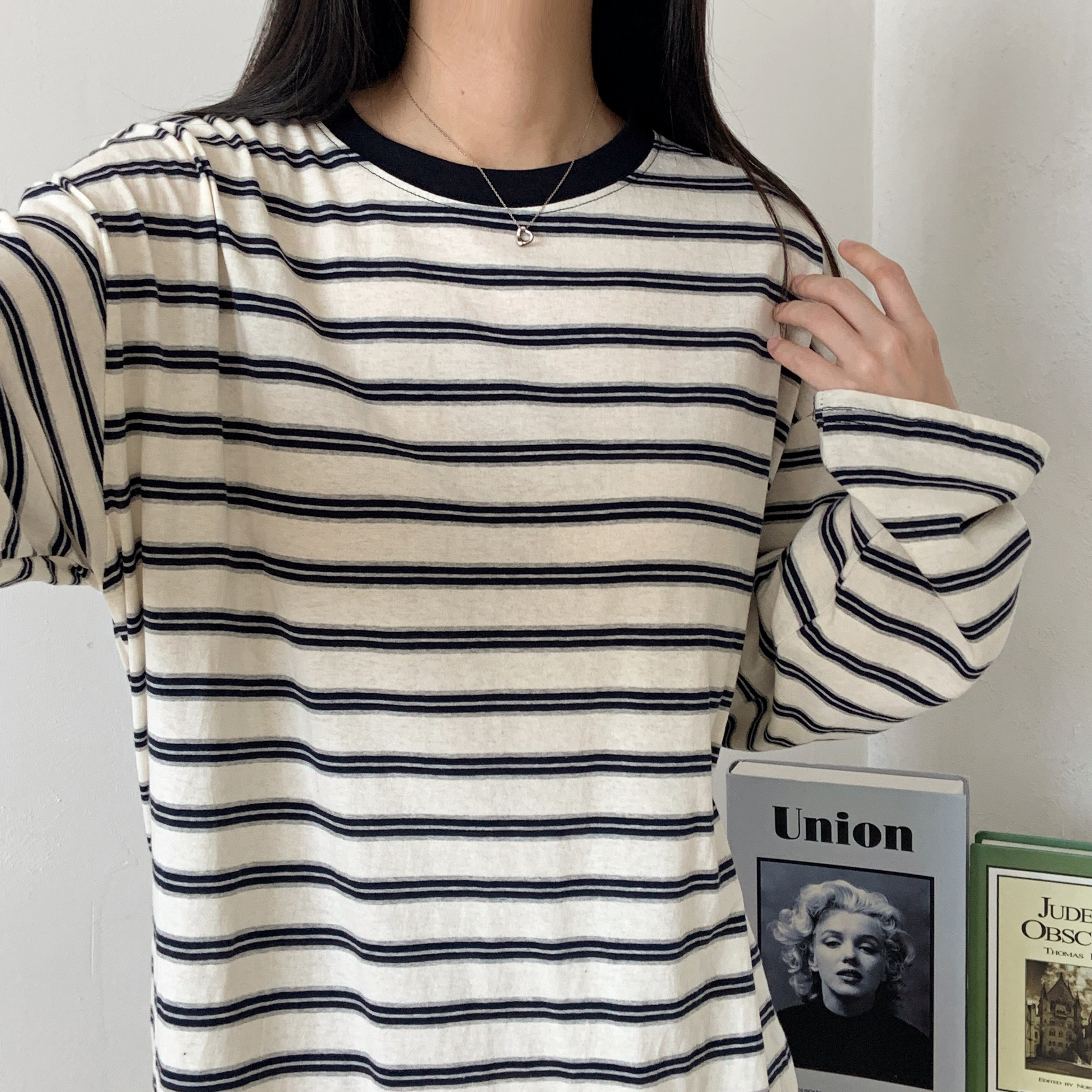 コットンラウンドネックボクシーボーダー配色Tシャツ | 詳細画像2