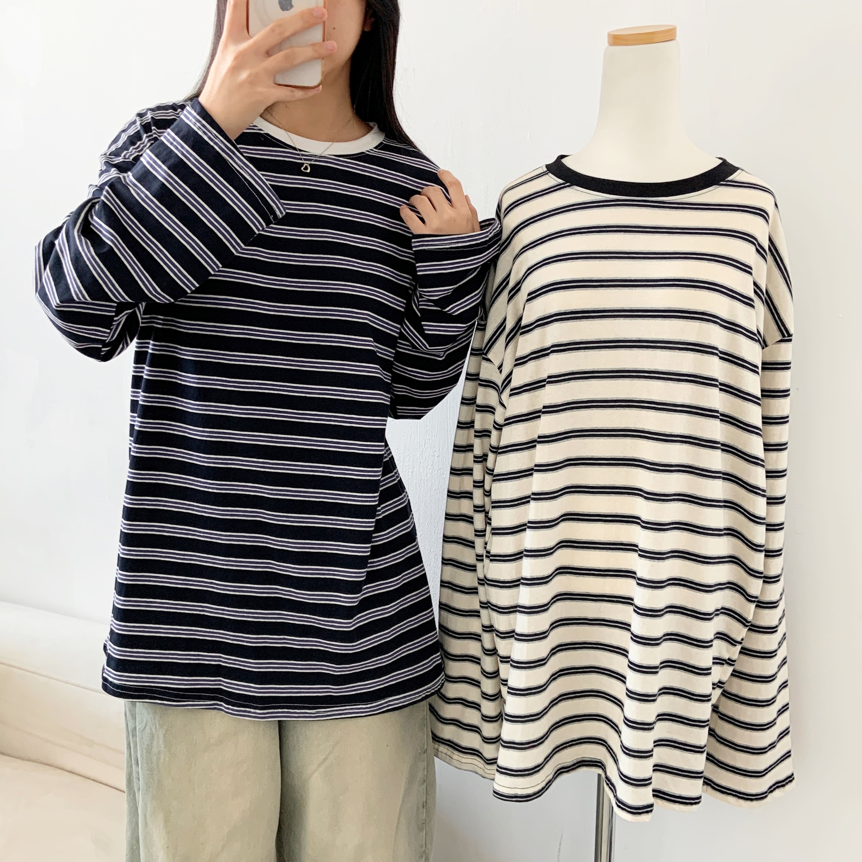 コットンラウンドネックボクシーボーダー配色Tシャツ | 詳細画像6